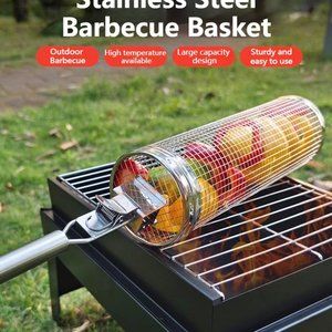 Perfect Gift set Stainless Steel Round Grilling Basket Rolling Grill outdoor